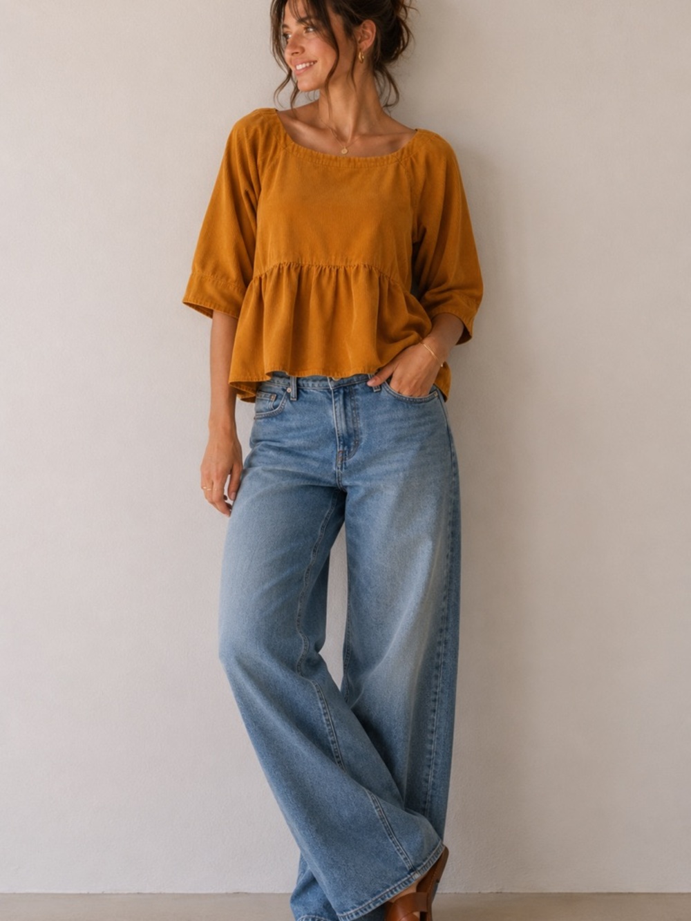 Anthropologie Maeve Mustard Corduroy Top Babydoll Peplum Oversized - Small